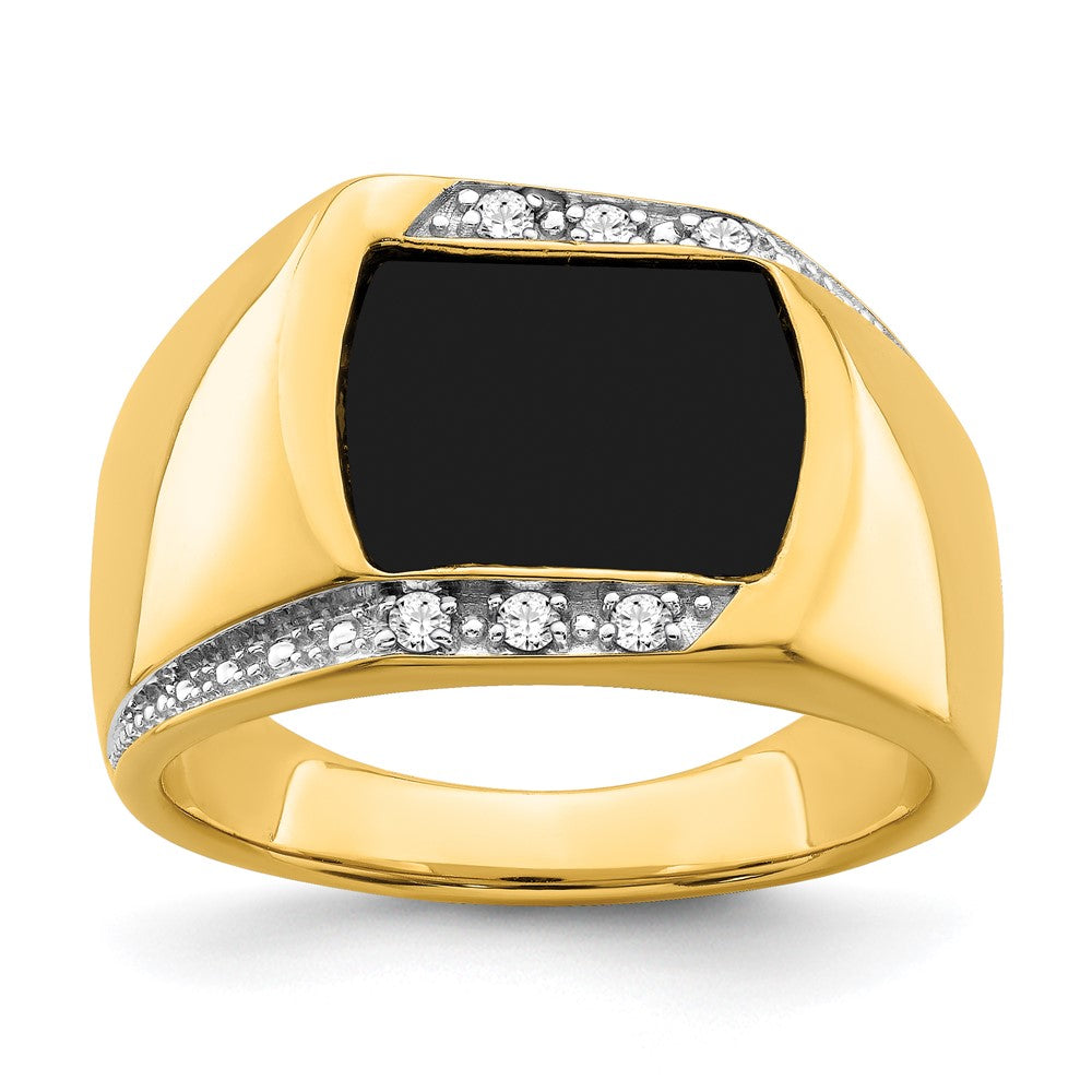 14K Yellow Gold Onyx and Real Diamond Mens Ring