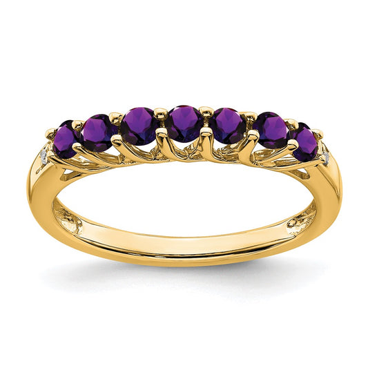 Solid 14k Yellow Gold Simulated Amethyst and CZ 7-stone Ring