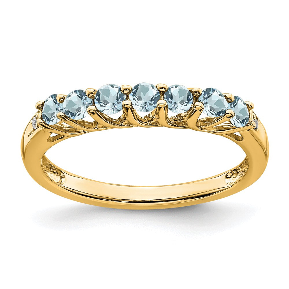 14K Yellow Gold Aquamarine and Real Diamond 7-stone Ring