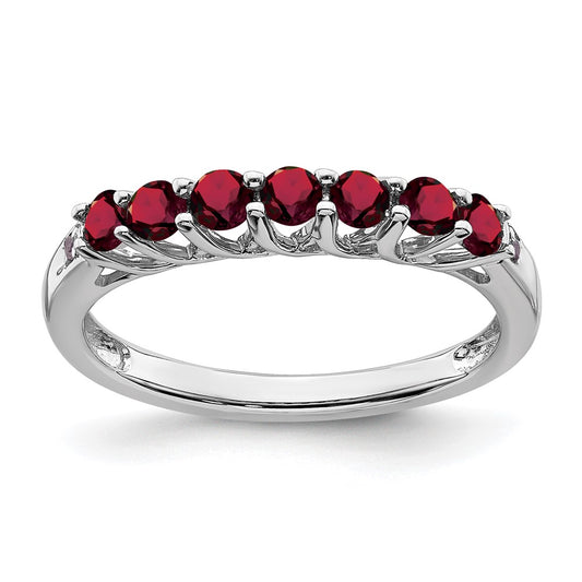 14k White Gold Created Ruby and Real Diamond 7-stone Ring