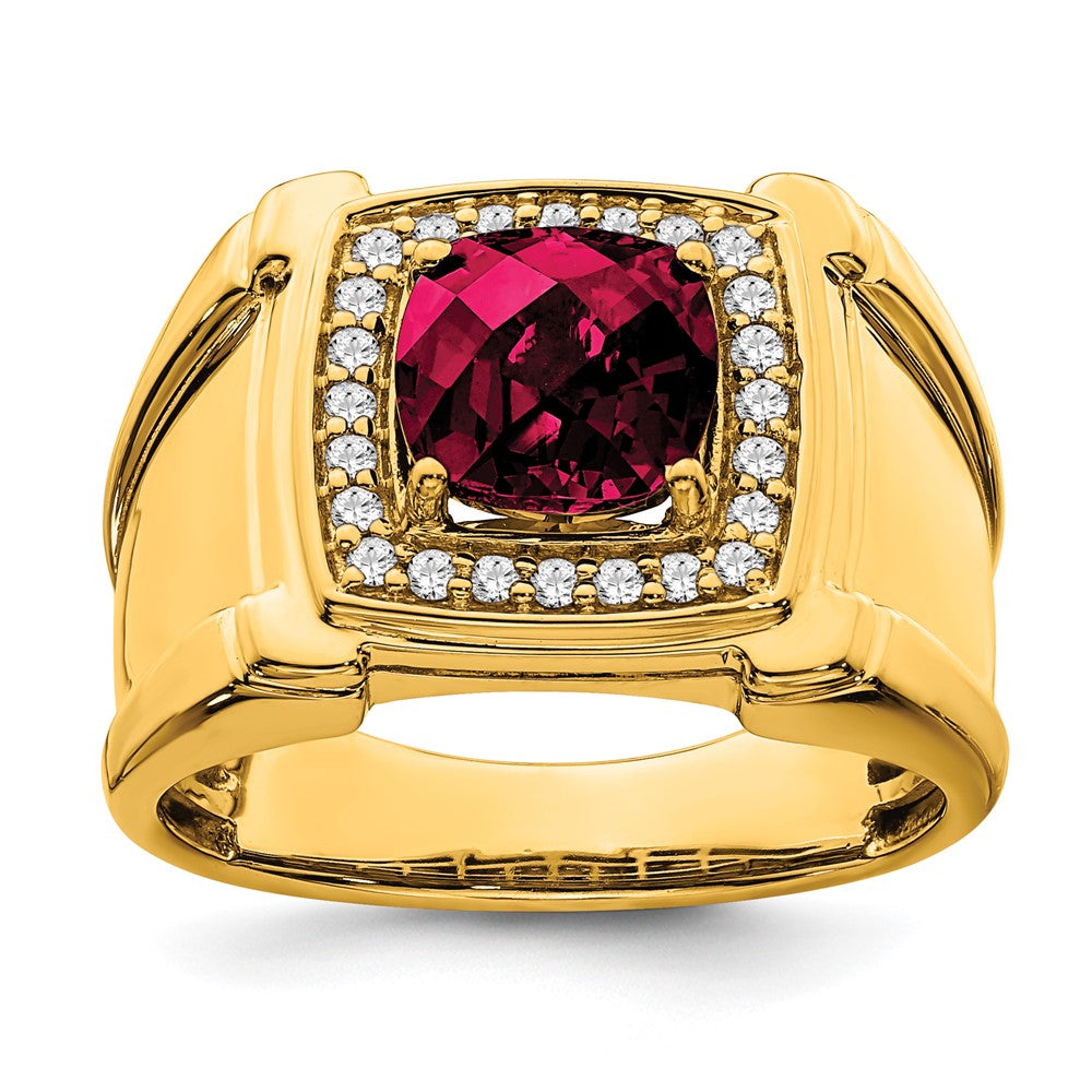 14K Yellow Gold Created Checkerboard Ruby and Real Diamond Mens Ring