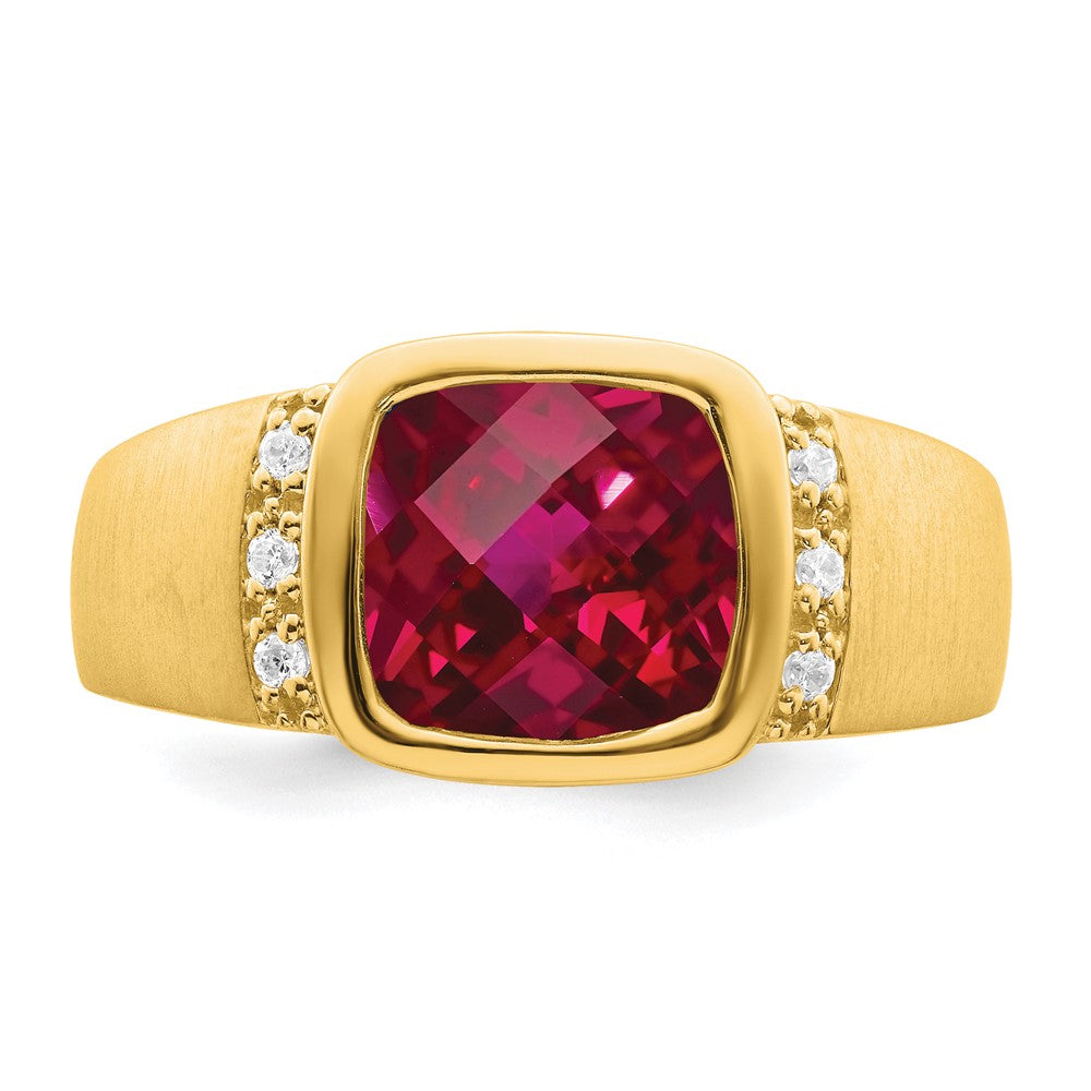 14K Yellow Gold Created Ruby and Real Diamond Mens Ring