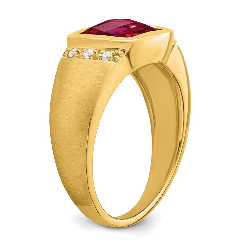 14K Yellow Gold Created Ruby and Real Diamond Mens Ring