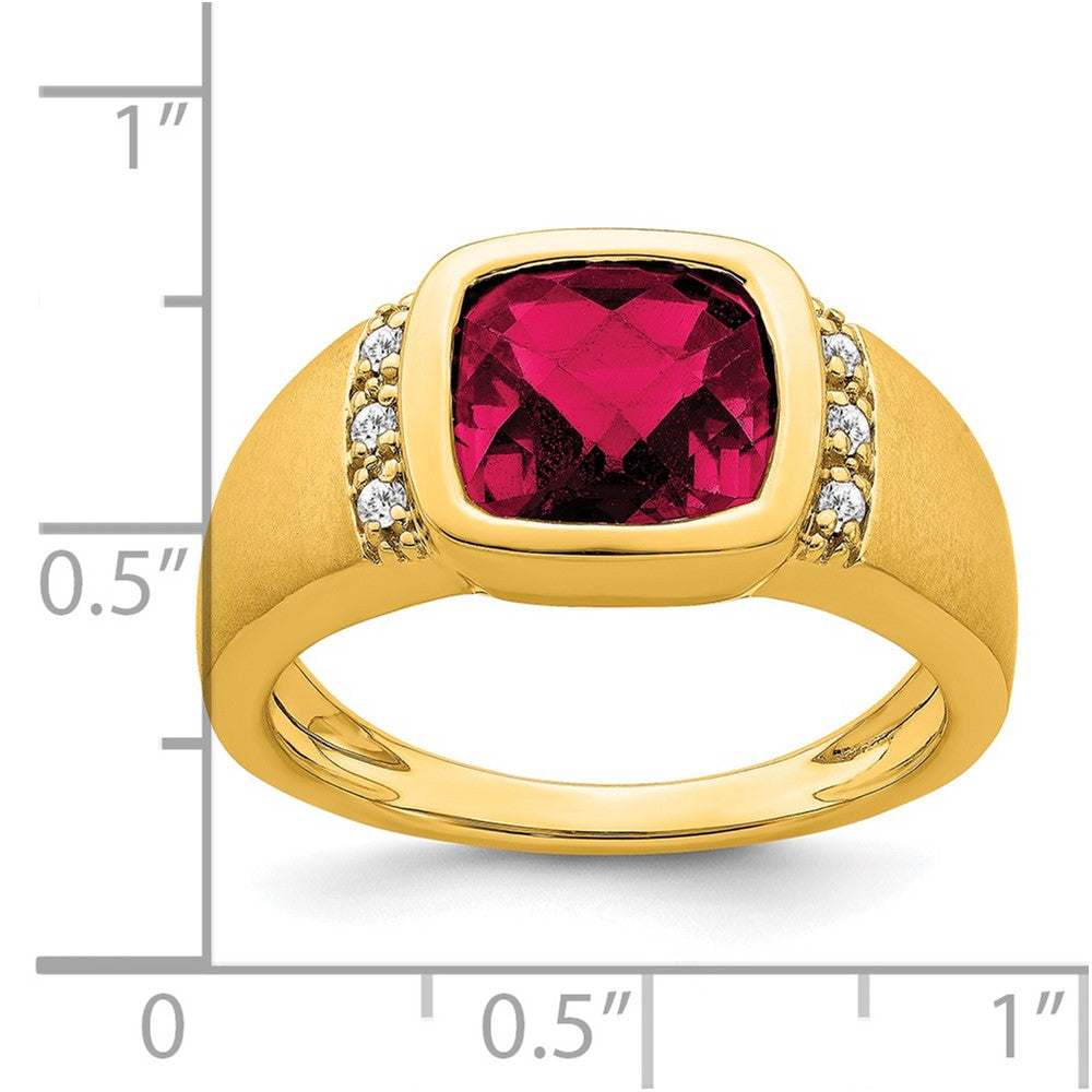 14K Yellow Gold Created Ruby and Real Diamond Mens Ring