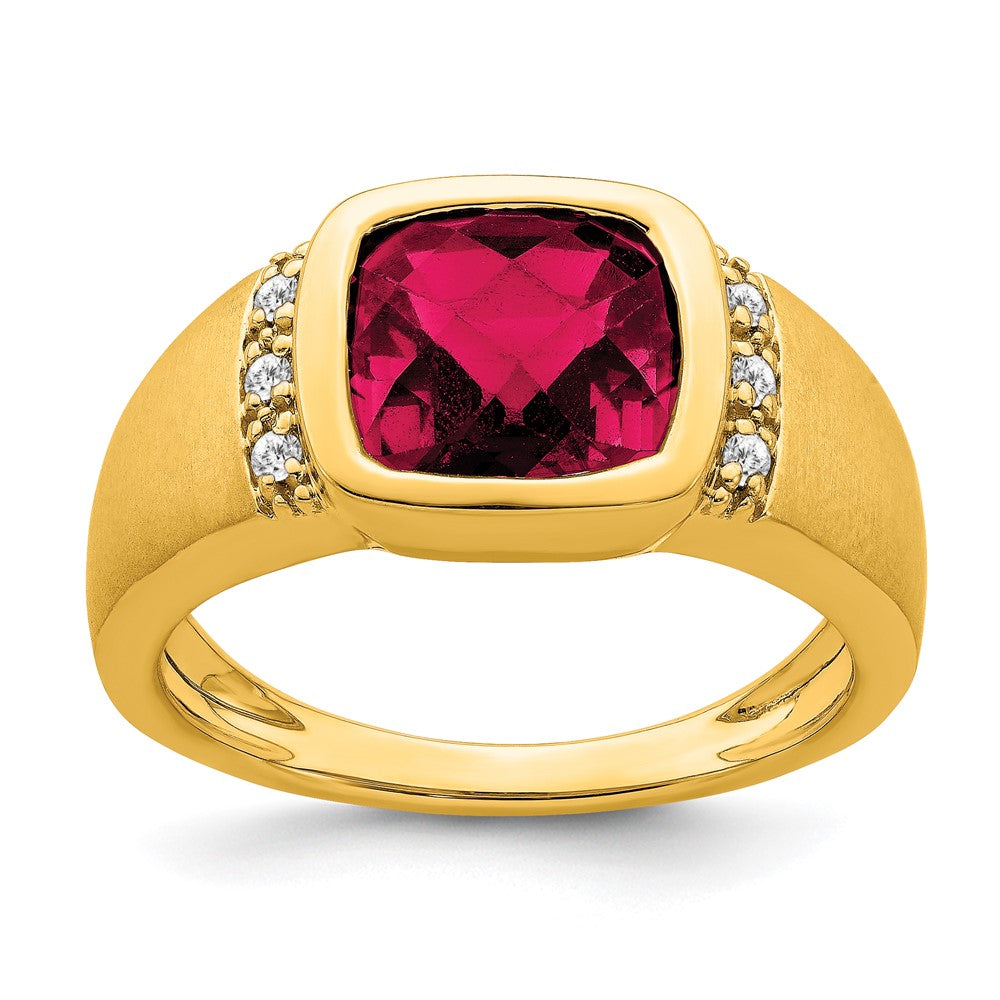 14K Yellow Gold Created Ruby and Real Diamond Mens Ring