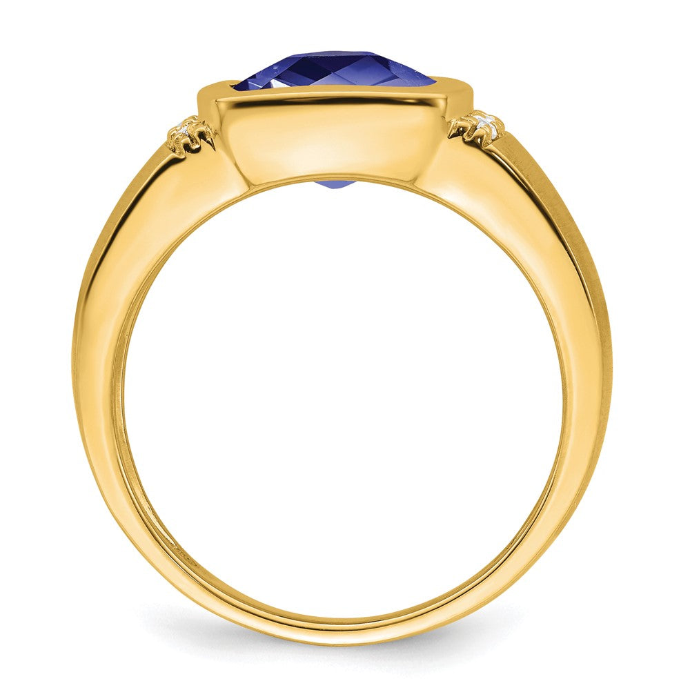 14K Yellow Gold Created Sapphire and Real Diamond Mens Ring