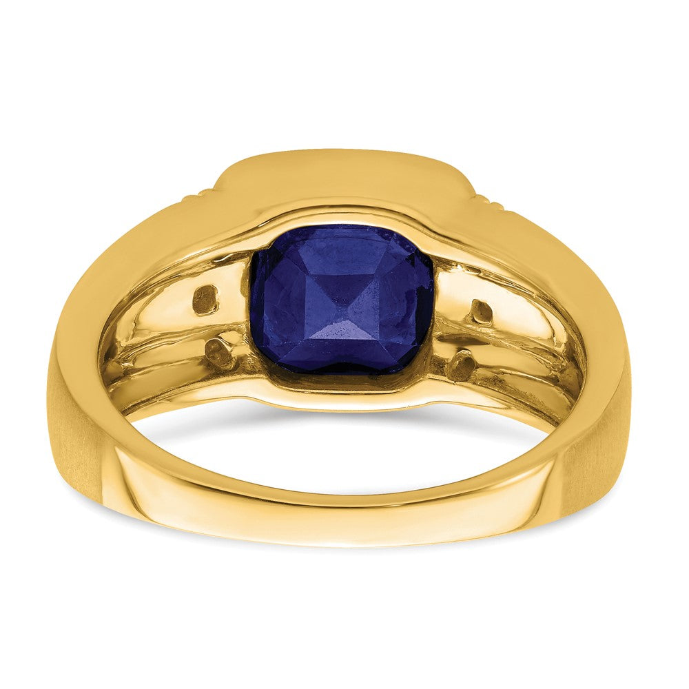 14K Yellow Gold Created Sapphire and Real Diamond Mens Ring