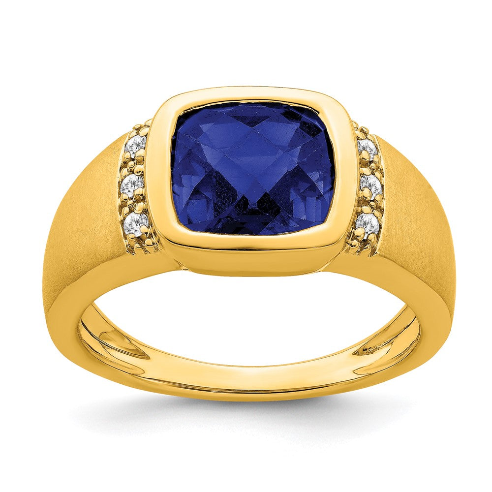 14K Yellow Gold Created Sapphire and Real Diamond Mens Ring