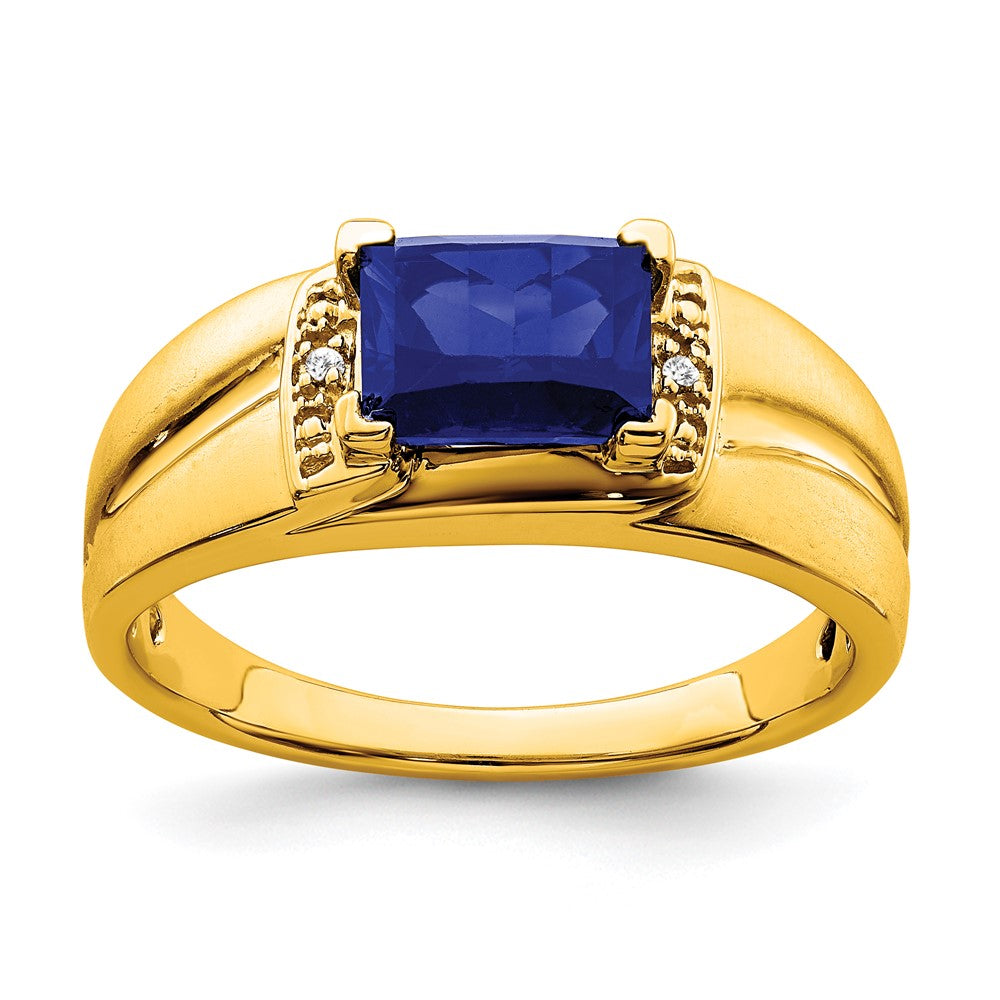 14K Yellow Gold Emerald-cut Created Sapphire and Real Diamond Mens Ring