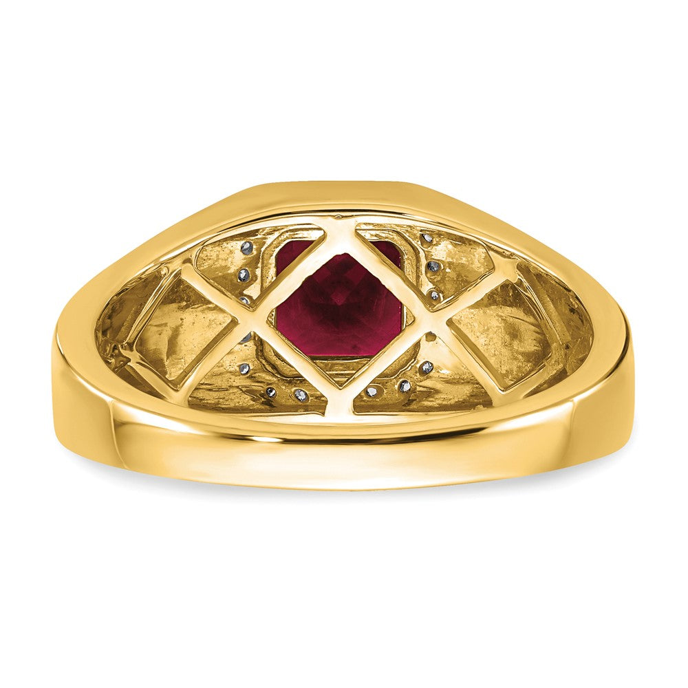 14K Yellow Gold Cushion Created Ruby and Real Diamond Mens Ring