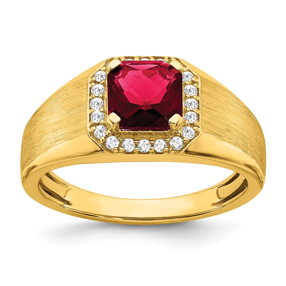 14K Yellow Gold Cushion Created Ruby and Real Diamond Mens Ring