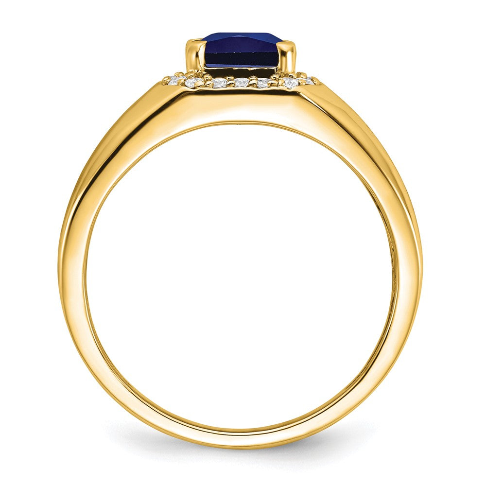 14K Yellow Gold Cushion Created Sapphire and Real Diamond Mens Ring