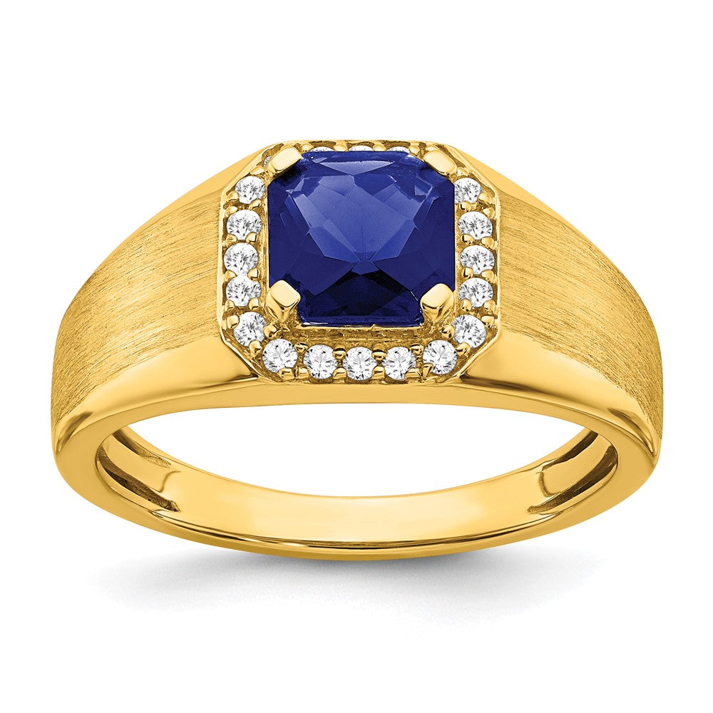 14K Yellow Gold Cushion Created Sapphire and Real Diamond Mens Ring