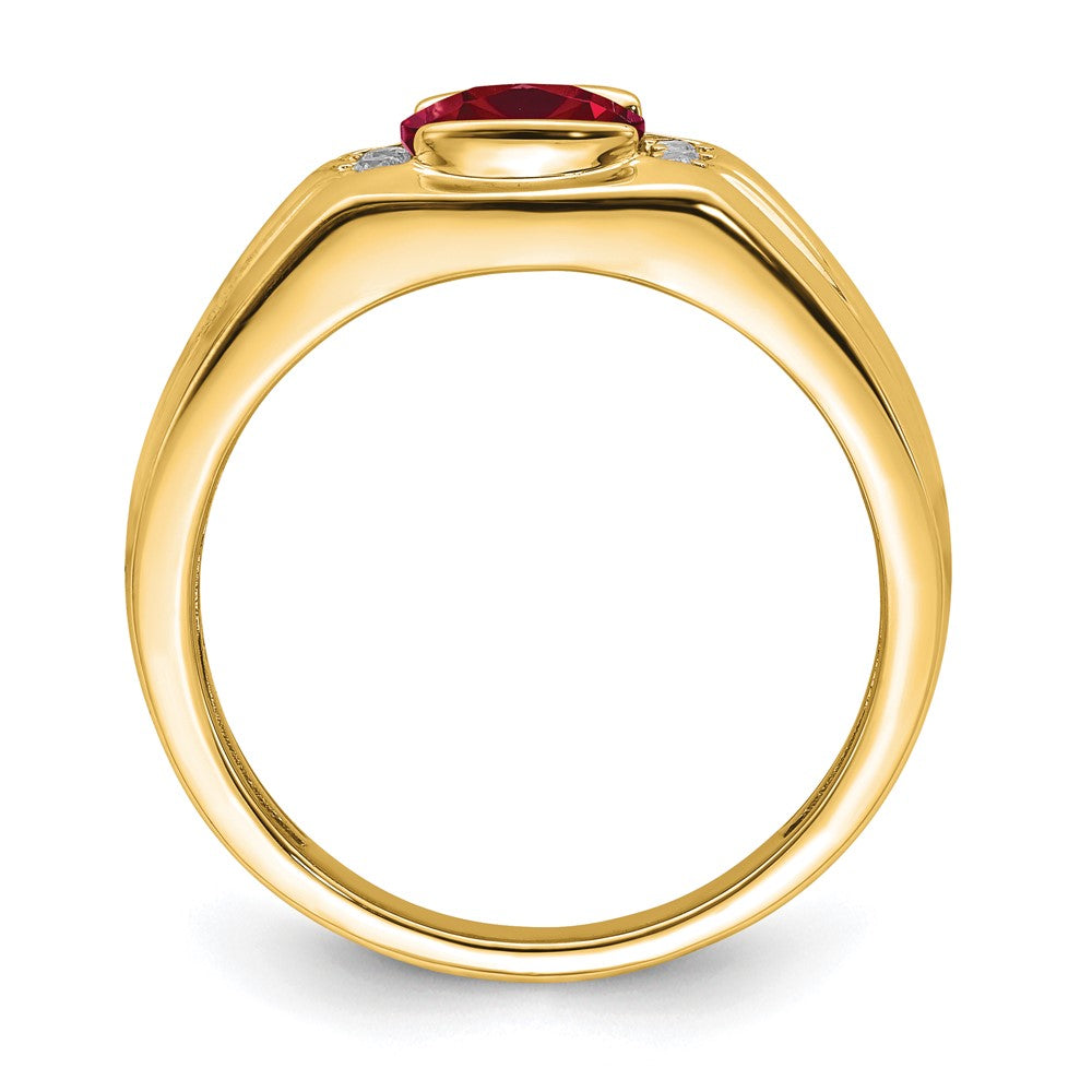 14K Yellow Gold Cushion Created Ruby and Real Diamond Mens Ring