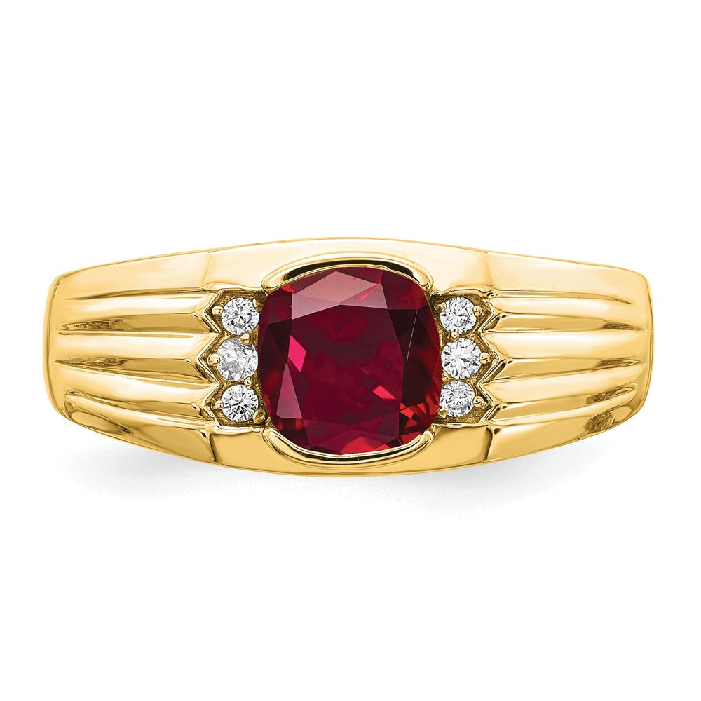 14K Yellow Gold Cushion Created Ruby and Real Diamond Mens Ring