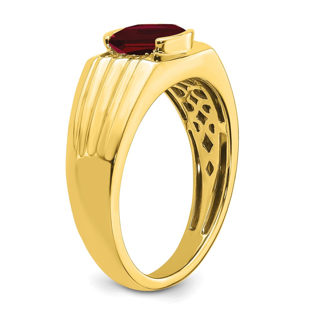 14K Yellow Gold Cushion Created Ruby and Real Diamond Mens Ring