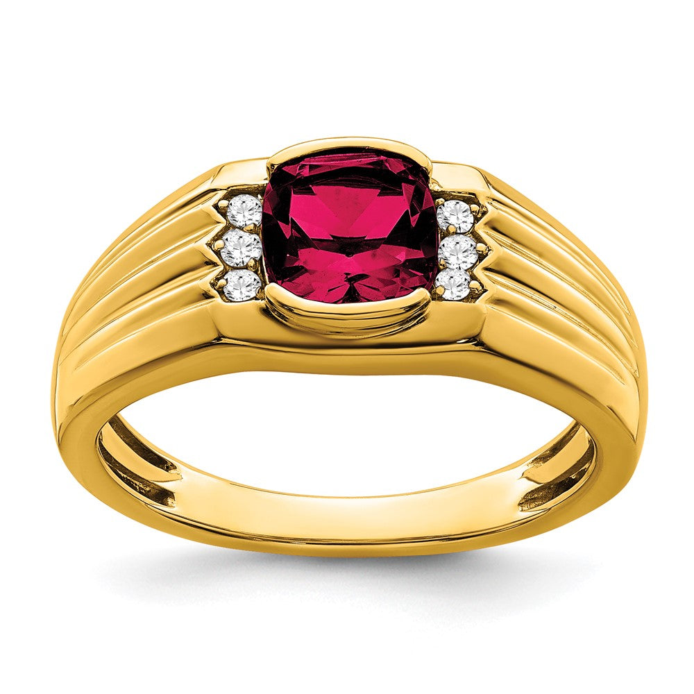 14K Yellow Gold Cushion Created Ruby and Real Diamond Mens Ring