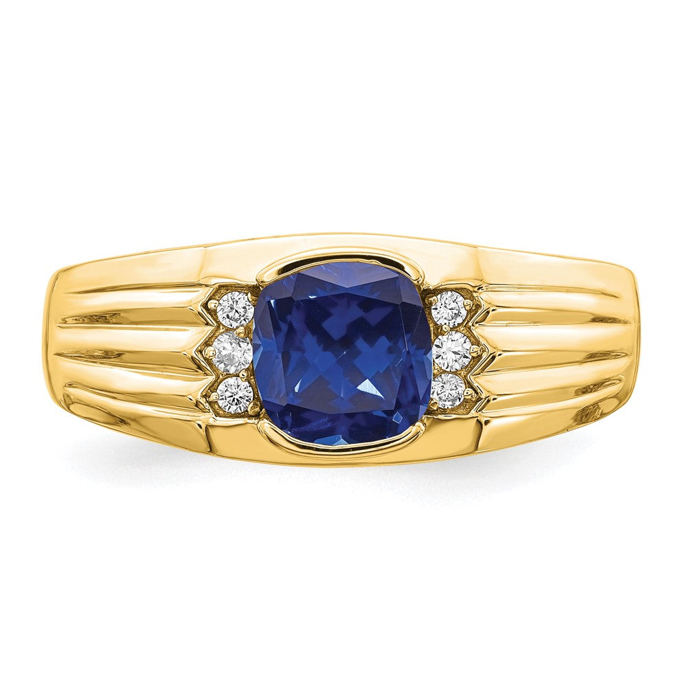 14K Yellow Gold Cushion Created Sapphire and Real Diamond Mens Ring