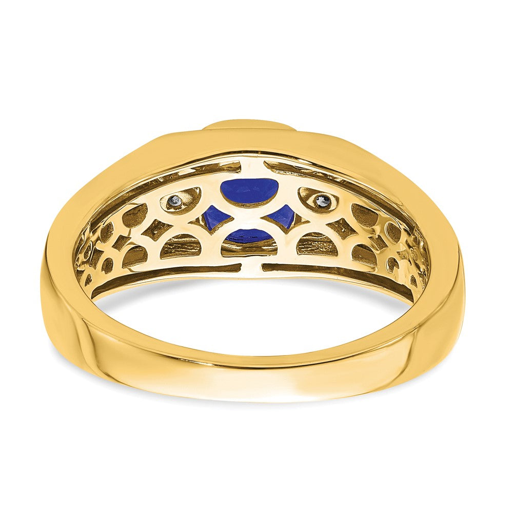 14K Yellow Gold Cushion Created Sapphire and Real Diamond Mens Ring