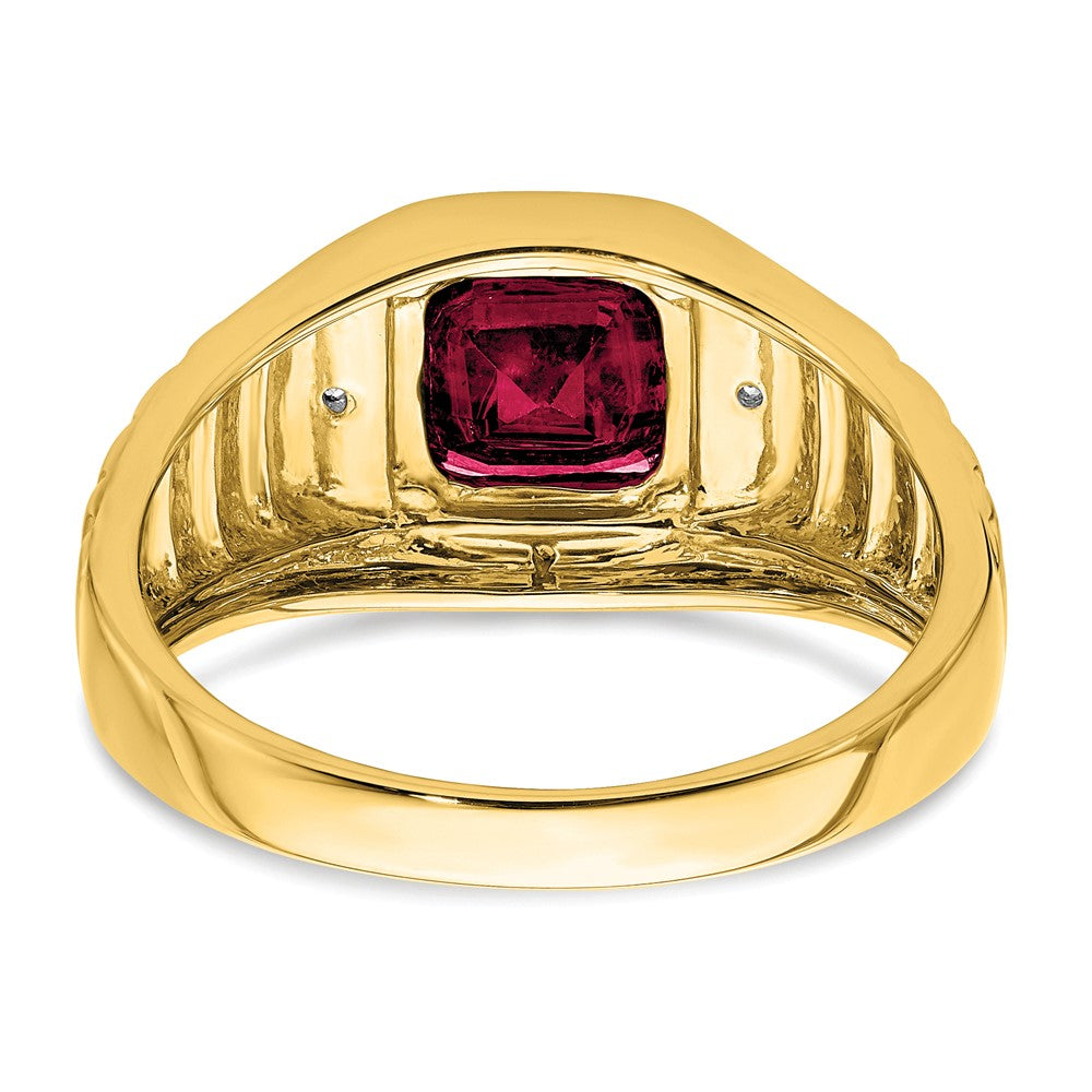 14K Yellow Gold Cushion Created Ruby and Real Diamond Mens Ring