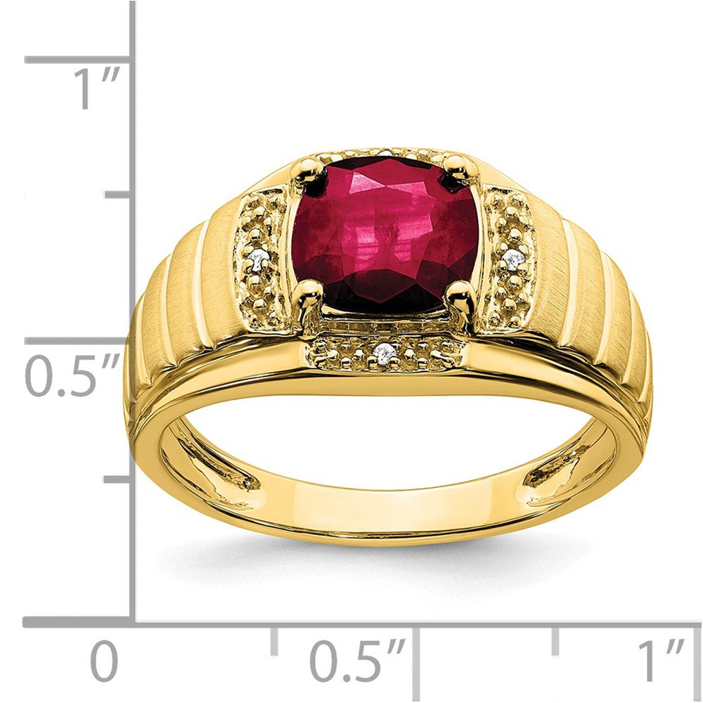 14K Yellow Gold Cushion Created Ruby and Real Diamond Mens Ring