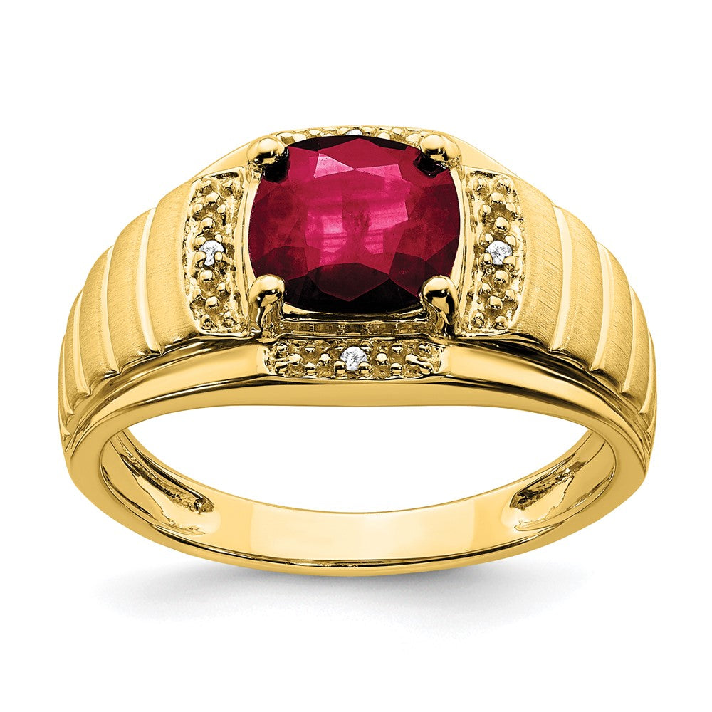 14K Yellow Gold Cushion Created Ruby and Real Diamond Mens Ring