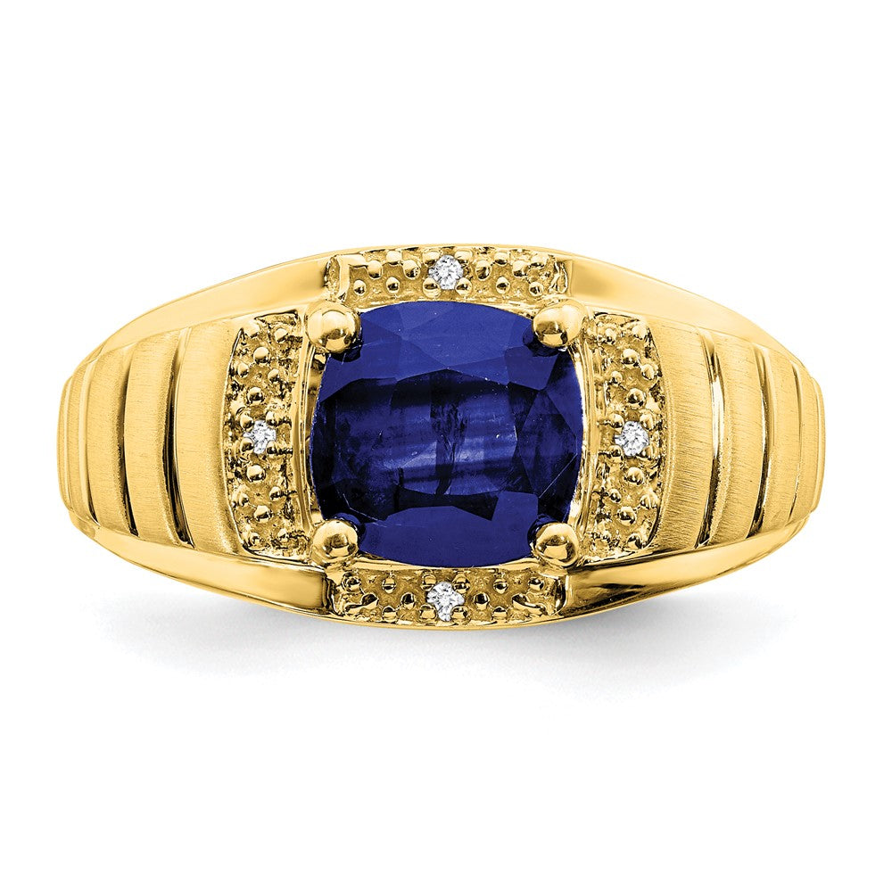 14K Yellow Gold Cushion Created Sapphire and Real Diamond Mens Ring