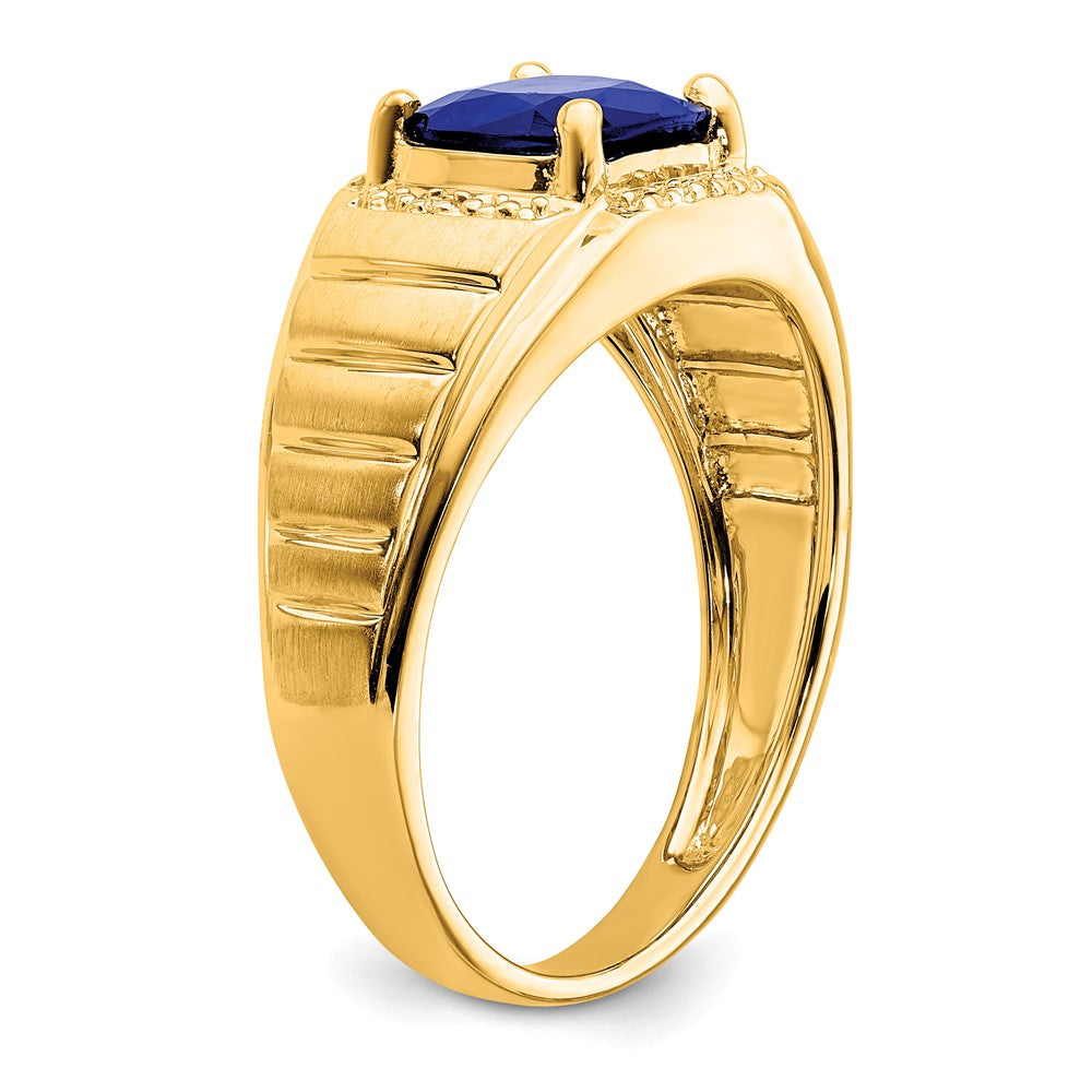 14K Yellow Gold Cushion Created Sapphire and Real Diamond Mens Ring