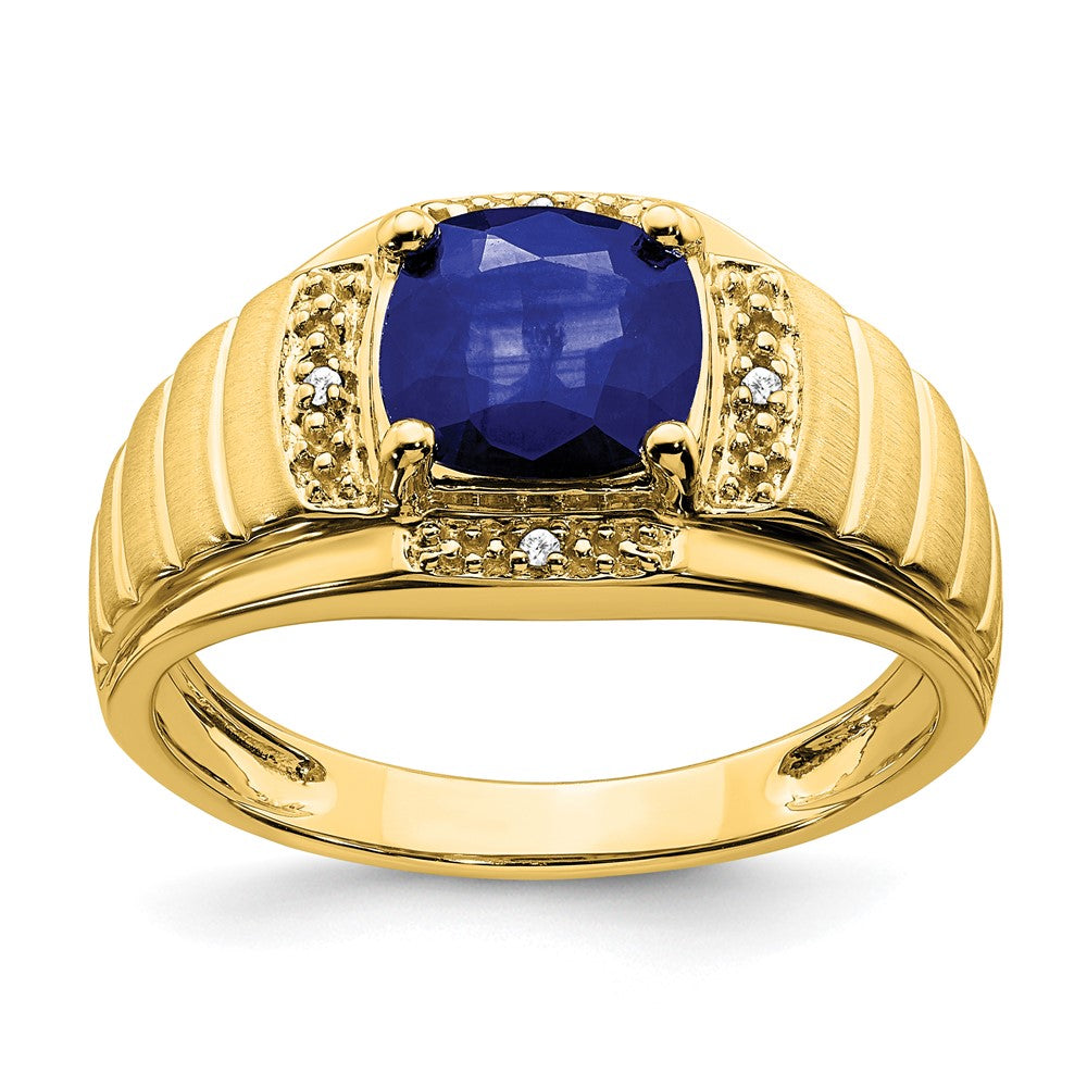 14K Yellow Gold Cushion Created Sapphire and Real Diamond Mens Ring