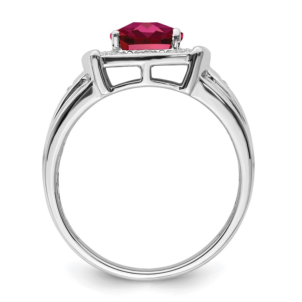 14k White Gold Cushion Created Ruby and Real Diamond Mens Ring