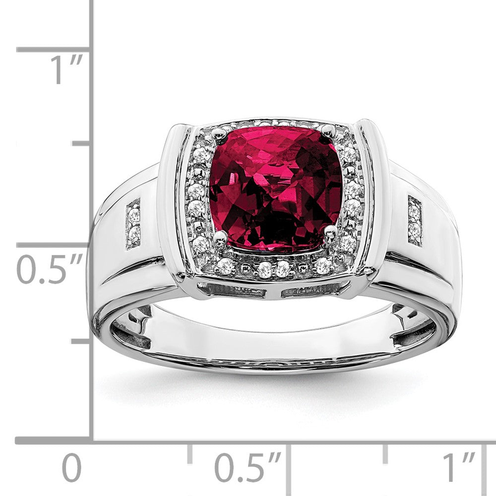 14k White Gold Cushion Created Ruby and Real Diamond Mens Ring