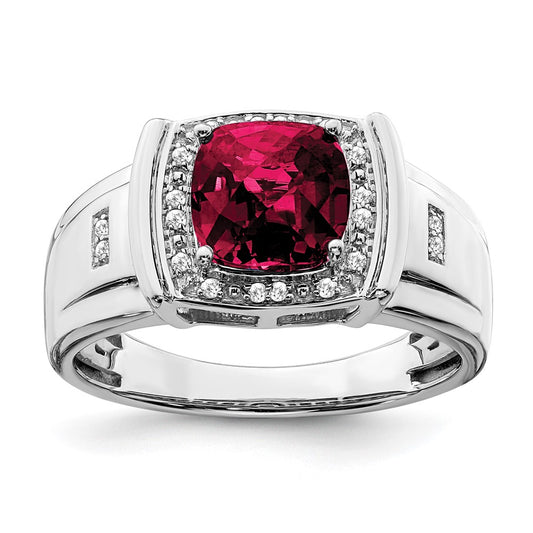 14k White Gold Cushion Created Ruby and Real Diamond Mens Ring