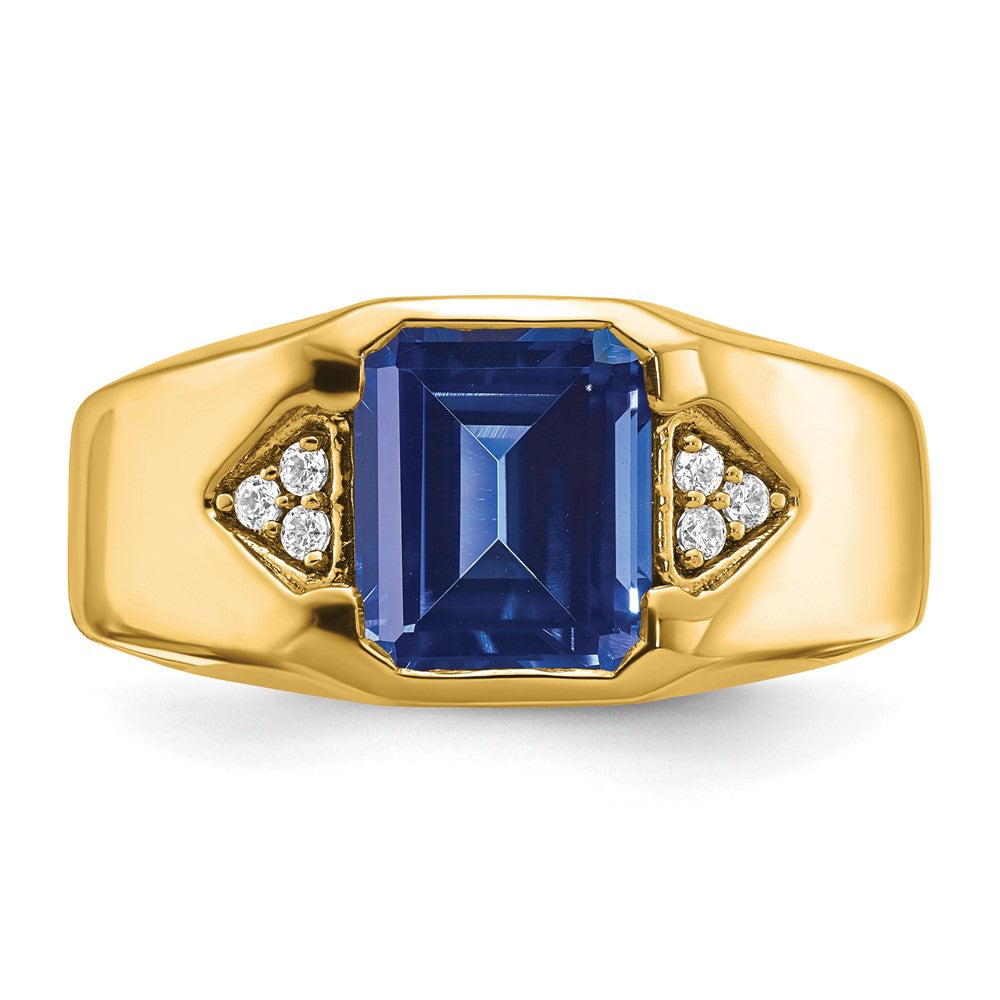 14K Yellow Gold Emerald-cut Created Sapphire and Real Diamond Mens Ring