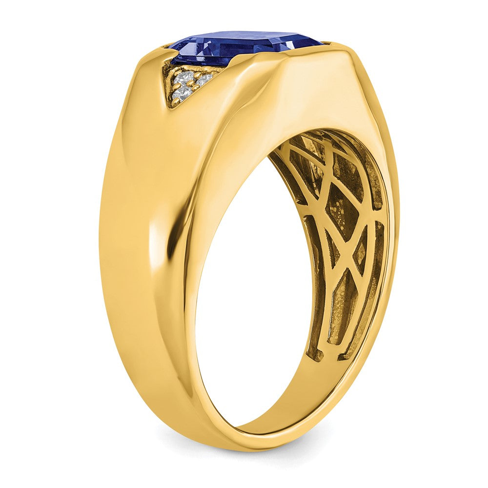 14K Yellow Gold Emerald-cut Created Sapphire and Real Diamond Mens Ring