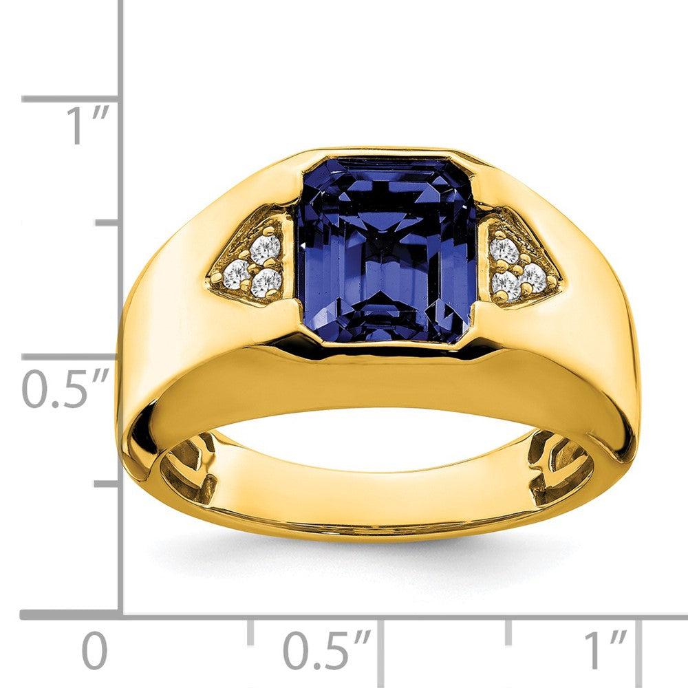 14K Yellow Gold Emerald-cut Created Sapphire and Real Diamond Mens Ring