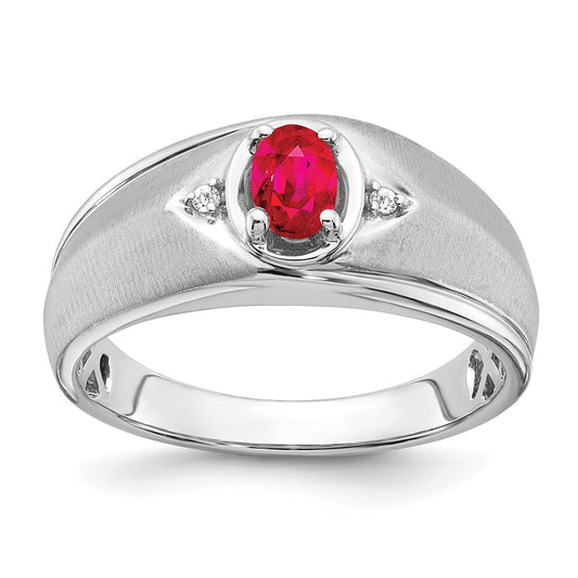 14k White Gold Oval Ruby and Real Diamond Mens Ring