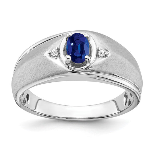 14k White Gold Oval Sapphire and Real Diamond Mens Ring