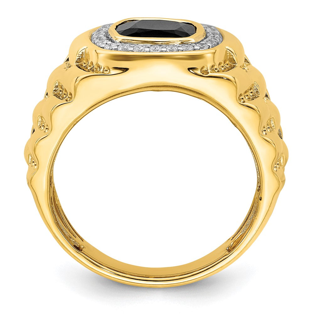 14K Yellow Gold Onyx and Real Diamond Textured Mens Ring