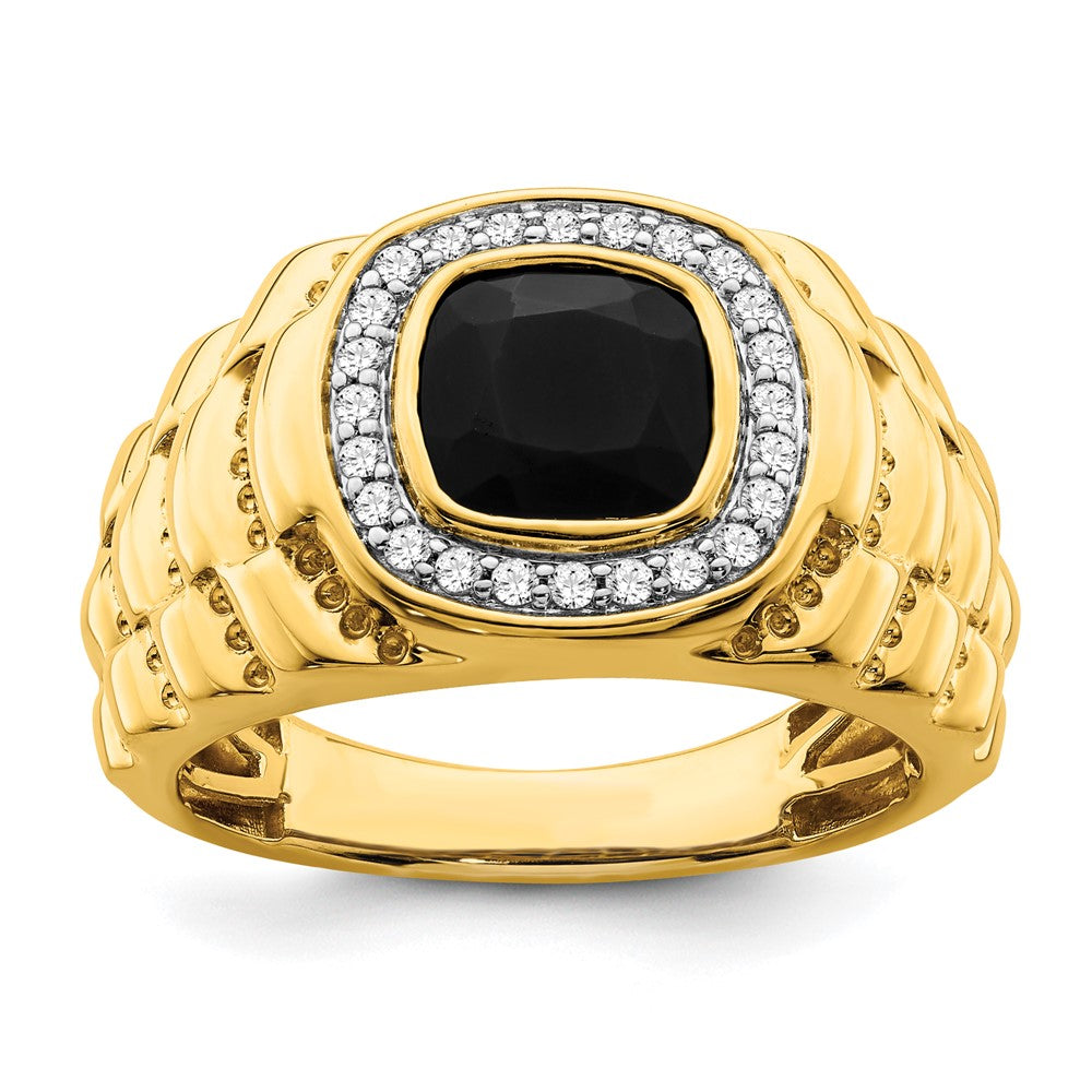 14K Yellow Gold Onyx and Real Diamond Textured Mens Ring