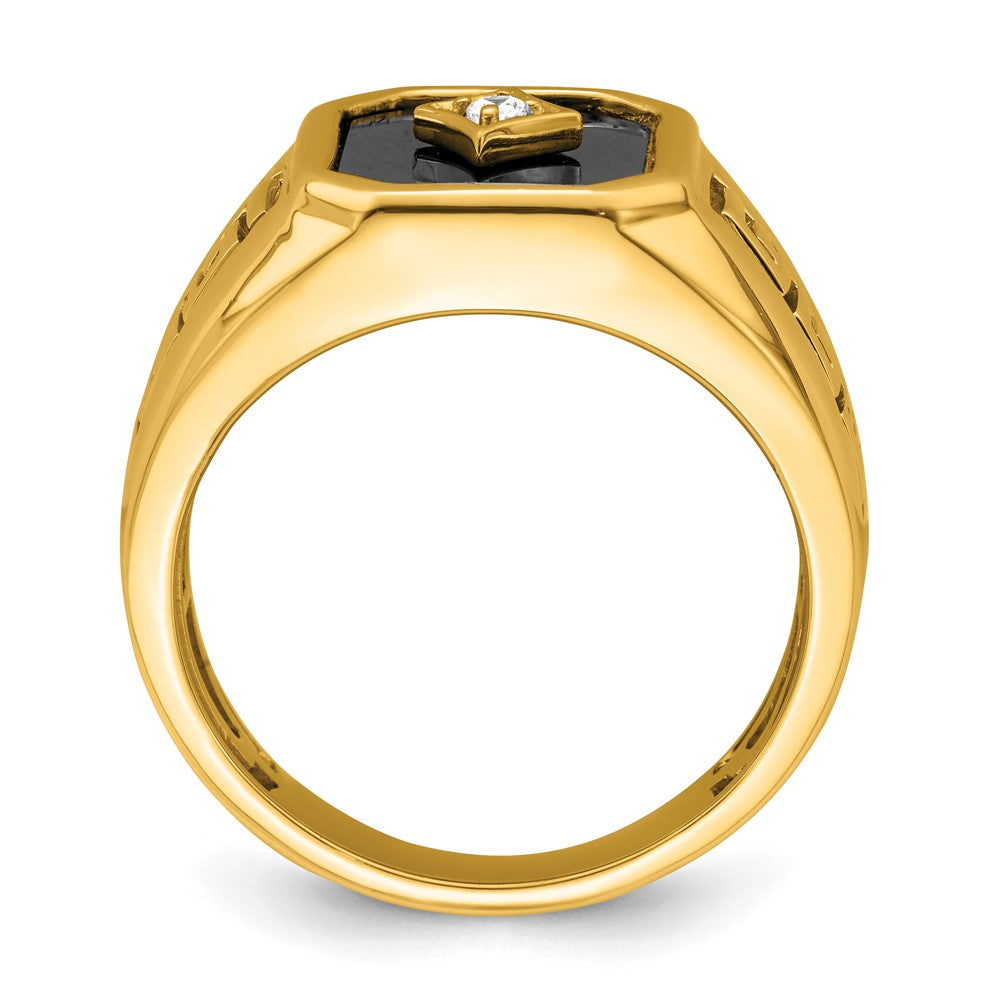 14K Yellow Gold Onyx and Real Diamond Greek Key Design Mens Ring