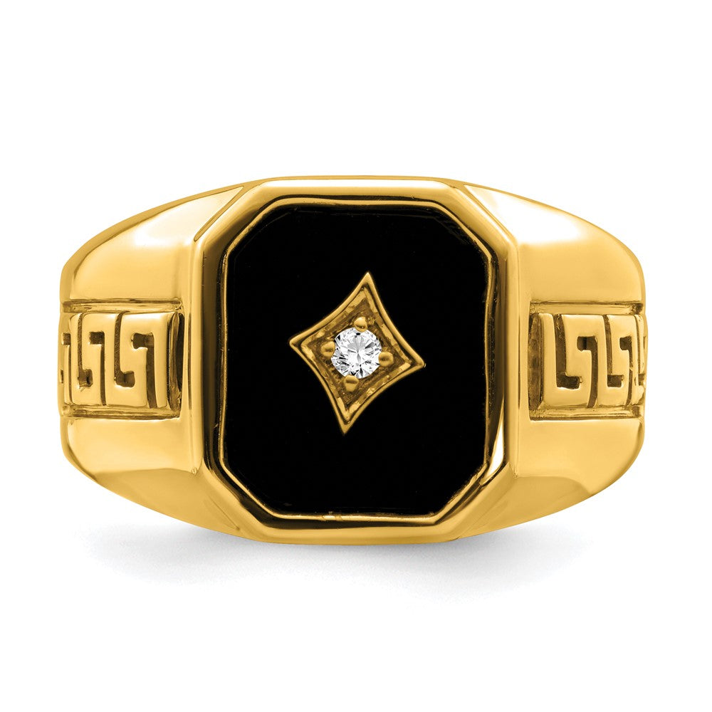 14K Yellow Gold Onyx and Real Diamond Greek Key Design Mens Ring