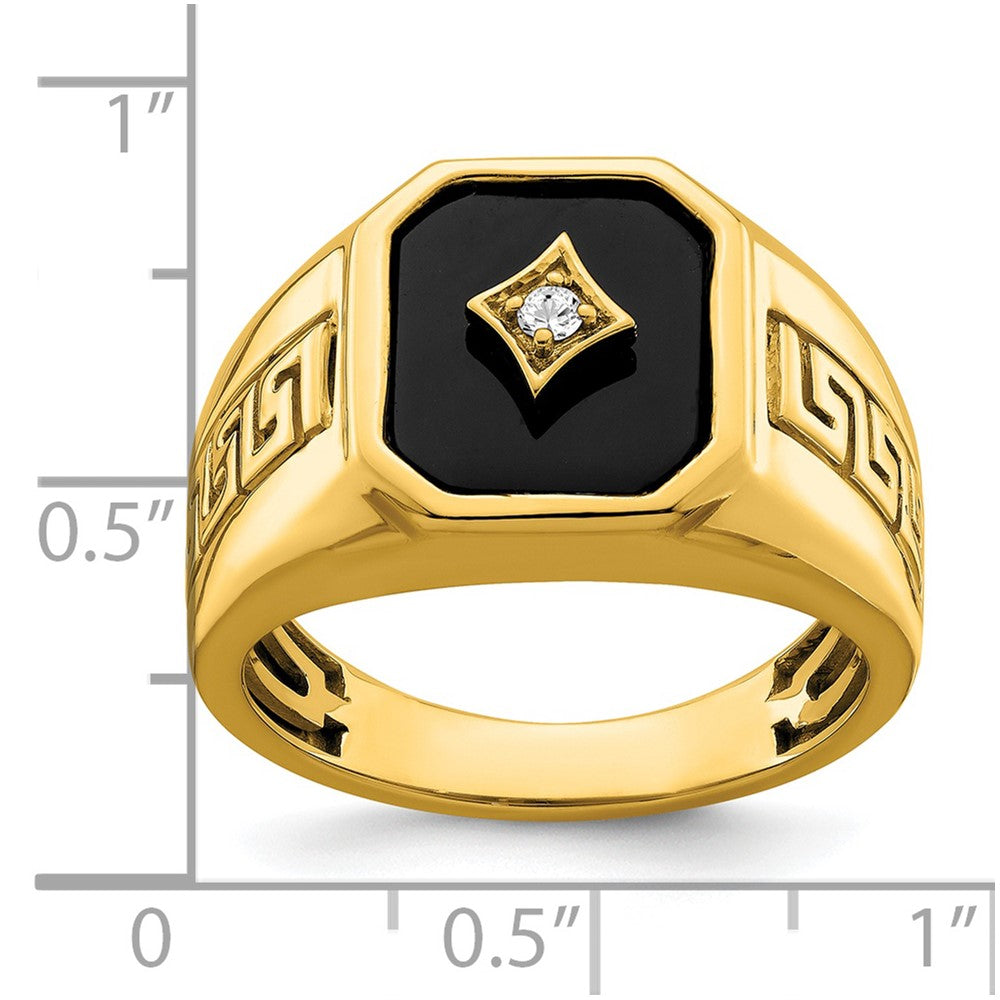 14K Yellow Gold Onyx and Real Diamond Greek Key Design Mens Ring