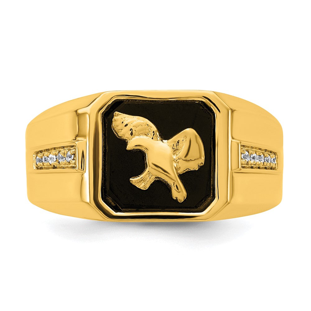 14K Yellow Gold Onyx and Real Diamond Eagle Mens Ring