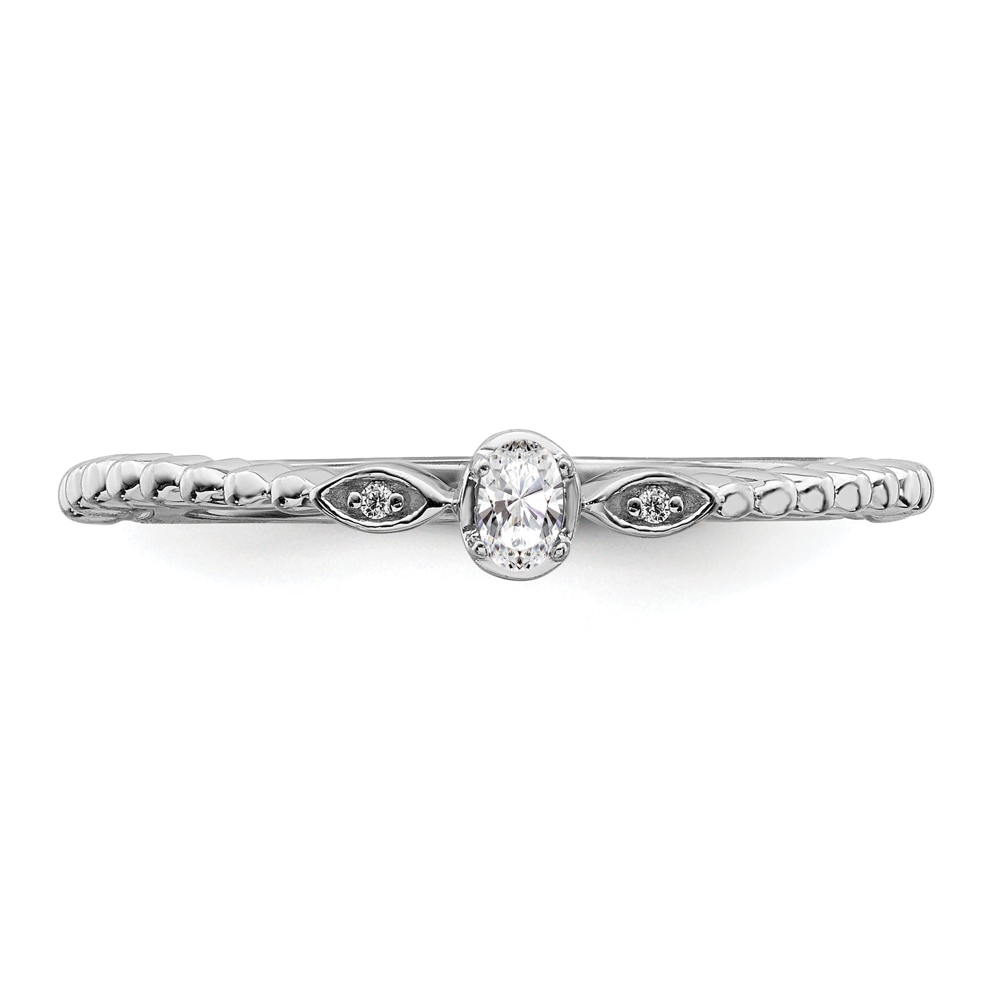 0.10ct. CZ Solid Real 14k White Polish Scalloped Wedding Band Ring Petite Oval Complete Dia Ring