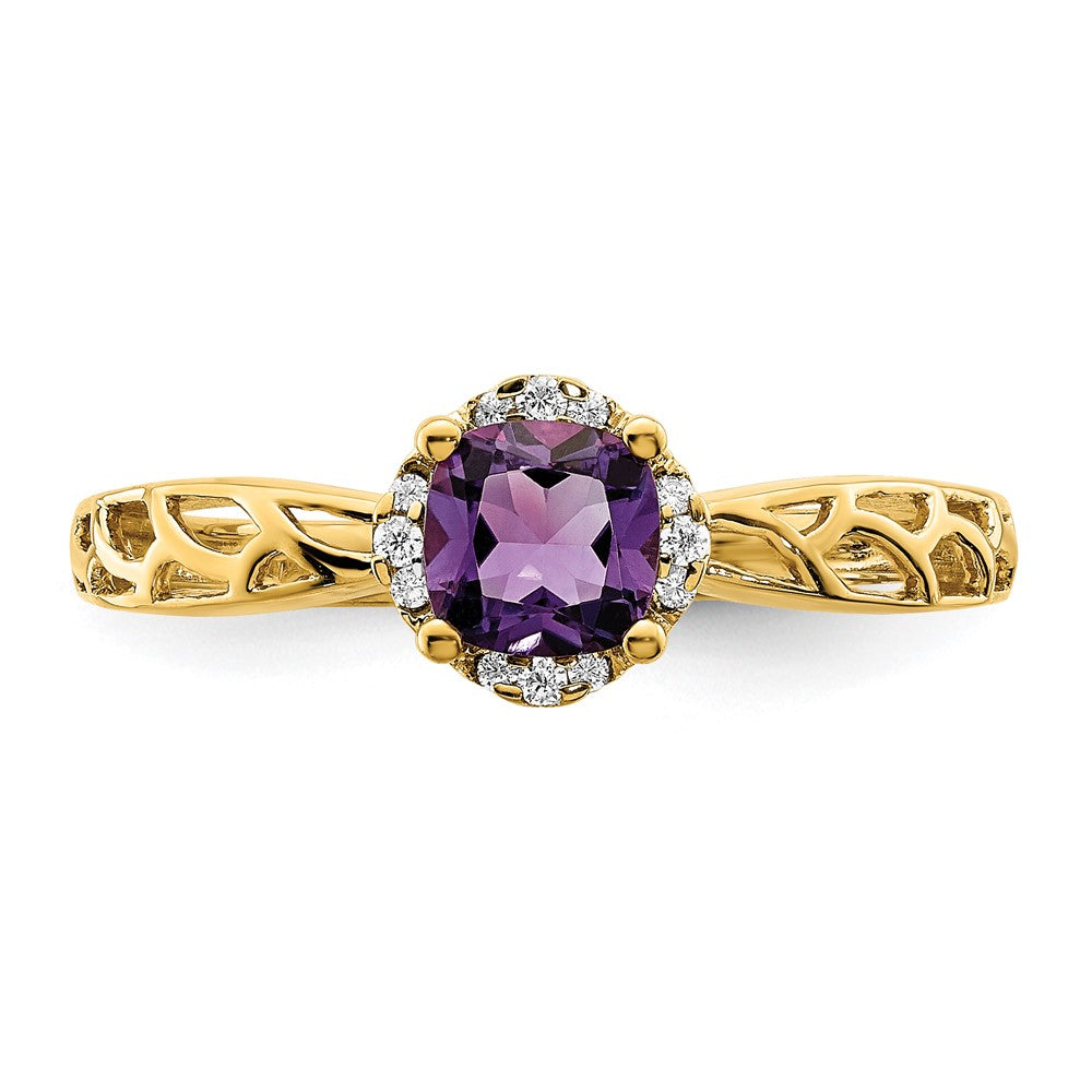 14k Gold Polished Amethyst and Real Diamond Ring