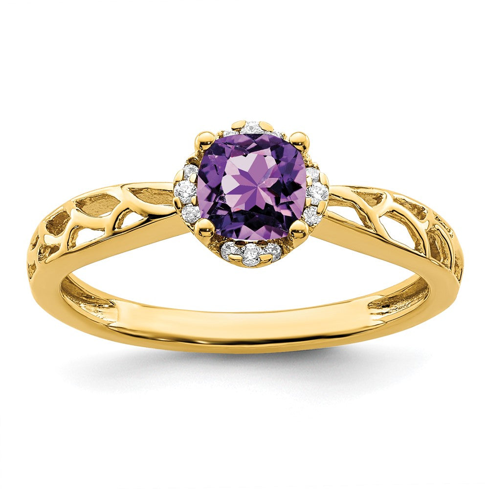 14k Gold Polished Amethyst and Real Diamond Ring