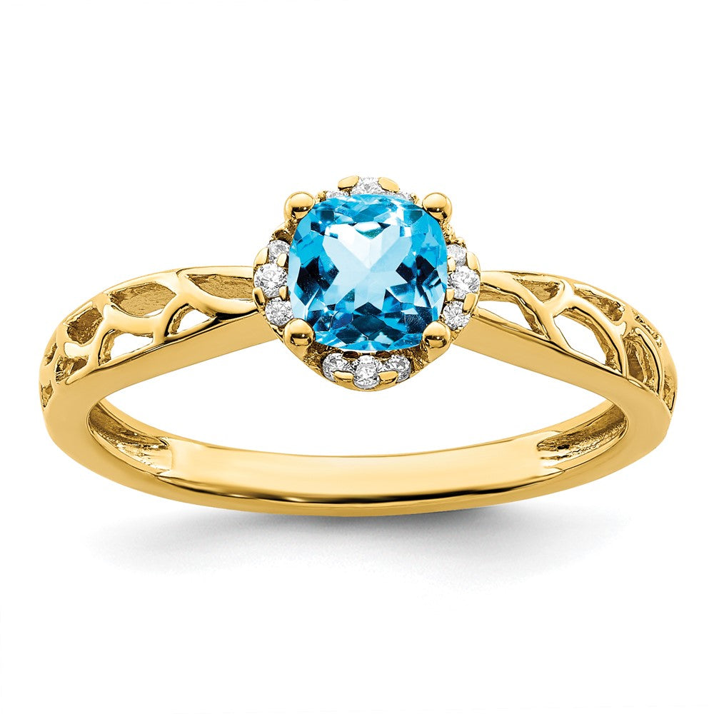 14k Gold Polished Blue Topaz and Real Diamond Ring