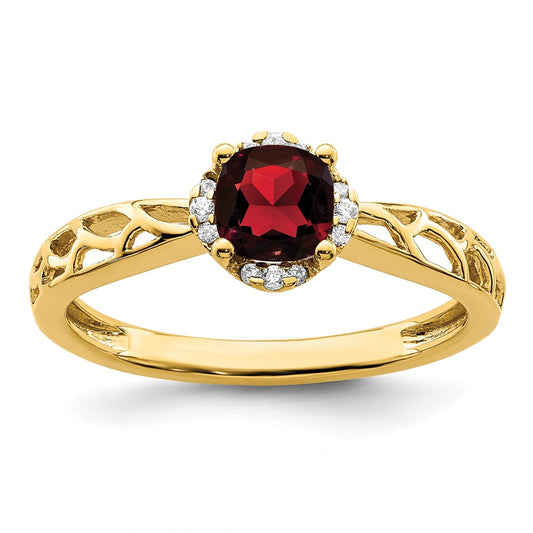 14k Gold Polished Garnet and Real Diamond Ring