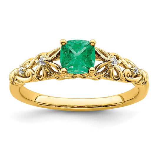 14k Gold Polished Emerald and Real Diamond Ring