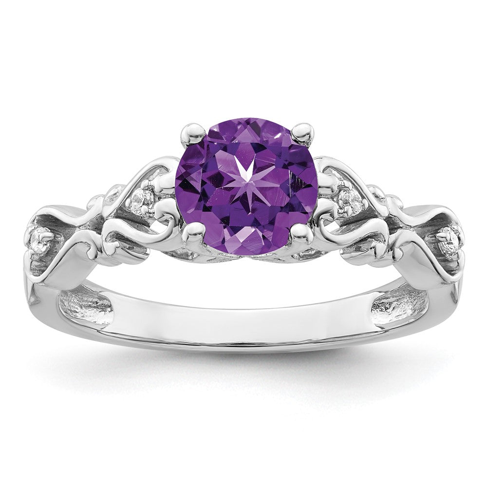 14k White Gold Polished Amethyst and Real Diamond Ring